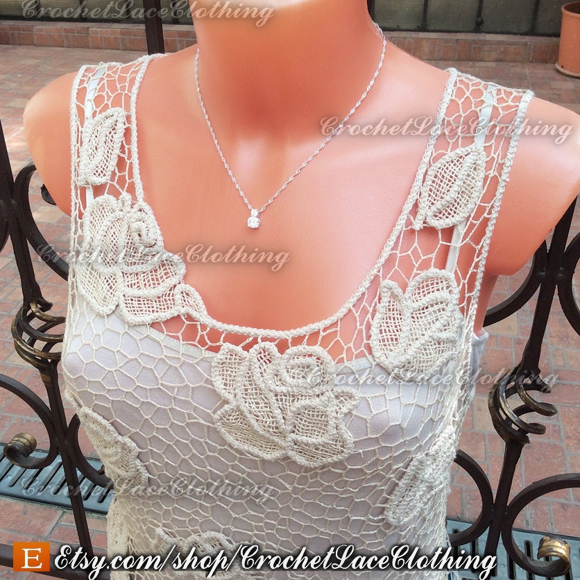 Crochet Irish lace see through top exquisite rose beige cream