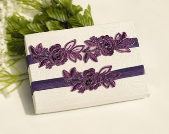 Purple Beaded Lace Wedding Garter Set , Embroidery Garter Set, Toss Garter , Keepsake Garter ,Customizable Handmade-GT038