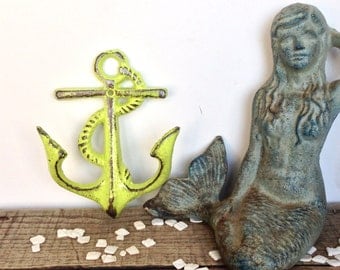 Lime Green Anchor Hooks - Nautical Decor - Bathroom Wall Art - Necklace Holder - Lime Green Decor - Beach Decor - Wall Necklace Holder