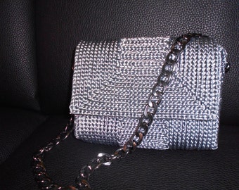 Pochette grey piping-handmade-crochet on net-steel-strap satin lining same color