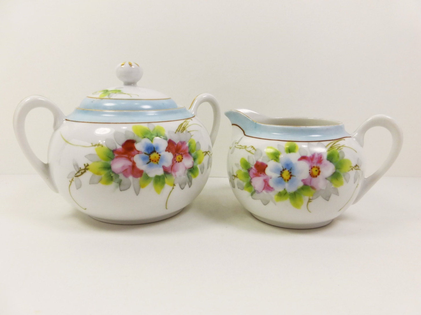 Nippon Sugar and Creamer Set Hand Painted Porcelain Blue Pink