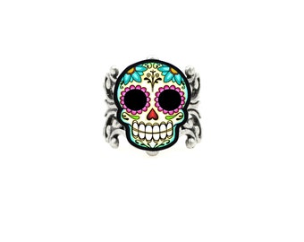 Sugar Skull and Daisies Dia de los Muertos Adjustable Silver Ring
