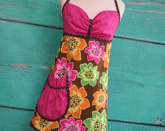 Womens Apron - Vibrant Flowers - Hot Pink & Brown - Ready to Ship
