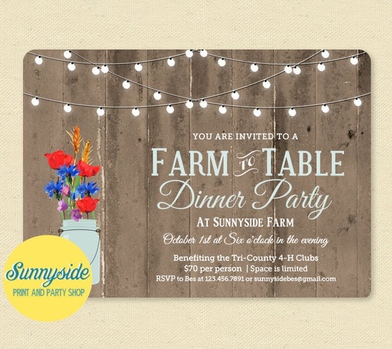 Farm to Table Dinner Invitation, Printable Invitation, Rustic Invite, Fundraiser, Community Event, Fork, Barnwood, Wheat, You choose flower Il_570xn