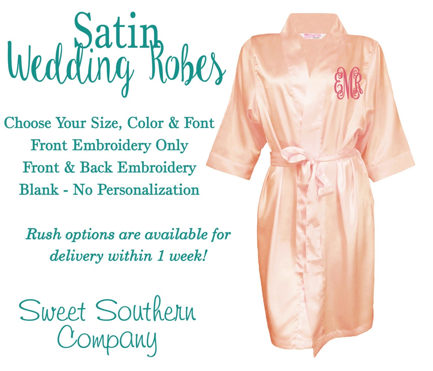 Set of 10 Embroidered Satin Robe Monogrammed Bride or