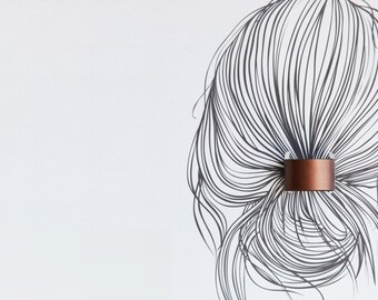 Brushed bronze leather ponytail cuff double sided in black- leather ponytail holder- leather hair accessories- leather hair tie wrap