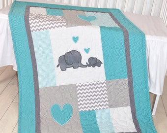 Elephant Baby Bedding, Turquoise Blue and Gray Blanket, Chevron Blanket, Toddler Patchwork Bespread