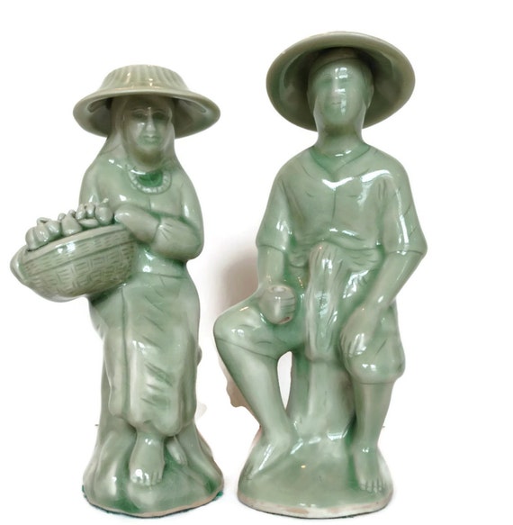 Vintage asian fisherman and wife unique ceramic figurines green glaze