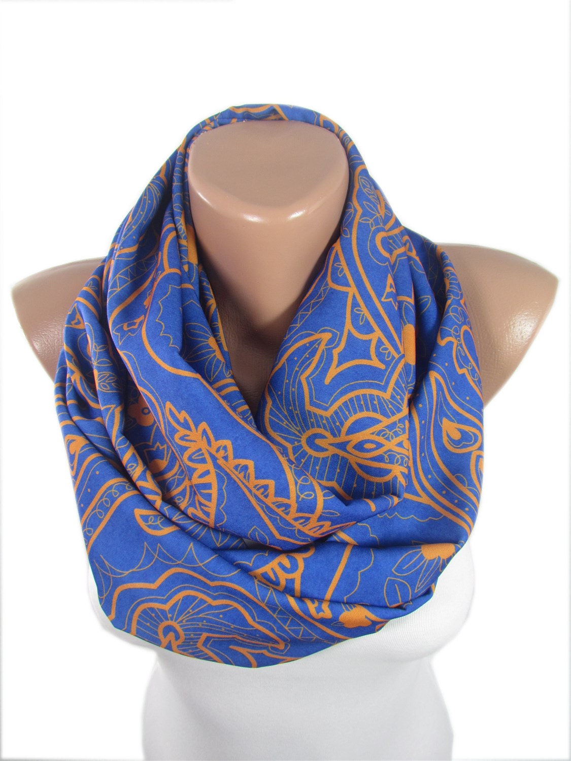 Paisley Scarf Infinity Scarf Blue Orange Scarf by MiracleShine
