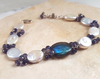 Labradorite Baroque Pearl Iolite Sterling Silver Line Bracelet, Multi Gemstone Boho Stacking Statement Chain Fine Jewelry Life Bijou