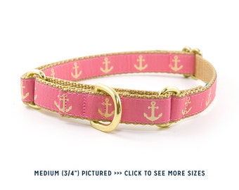 Nautical Martingale Collar // Size S-L // Adjustable Length // Pattern: Light Coral Pink & Gold Anchors