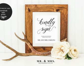 Kindly Sign Guest Book Sign | Guest Book Printable Sign Set | Editable Guest Book Sign | Wedding Printable Sign | Mr and Mrs Sign |MAM200_05