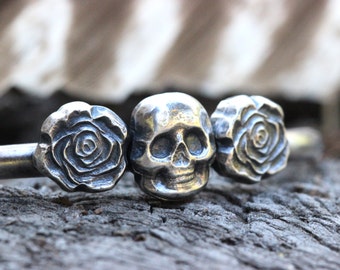 Skull and Roses Bracelet Sterling Silver Cuff Bracelet Skull Jewelry for Women Sterling Silver Bracelet Silver Jewelry Skull Jewelry Skulls