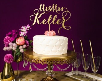 Gold Wedding Cake Topper, Real Wood, Luxe Colors and Glitter, Wedding Cake Topper, Name Cake Topper