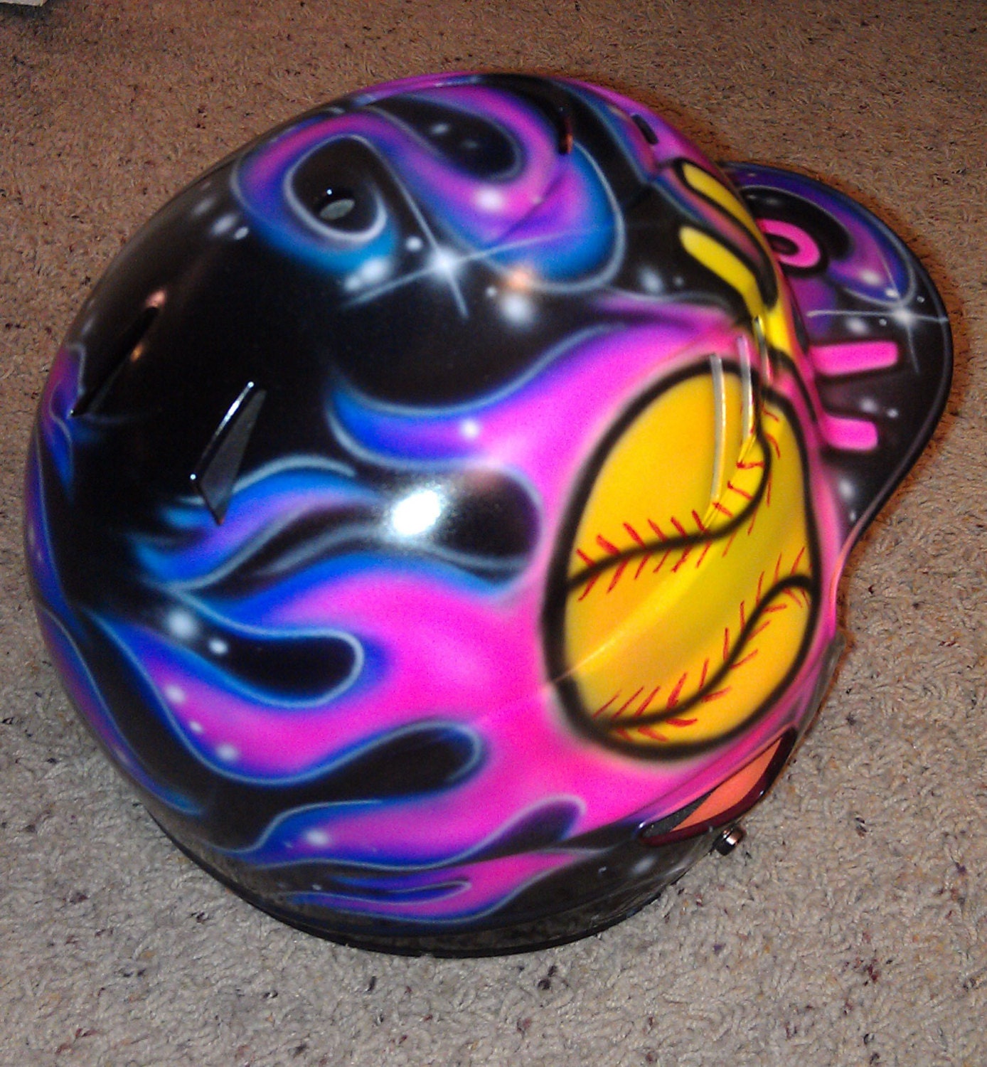Airbrushed Custom Softball Batting Helmet With Your Name Fire