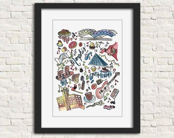 Memphis, Tennessee Handlettered Watercolor Wall Art Illustration Print Gift // 8x10 and 11x14