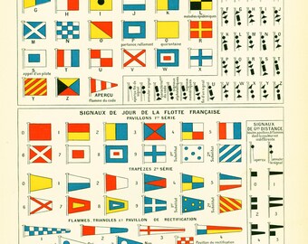 1897 Navigation International code, Large size antique print, Sailing signals, Larousse french antique, framing scrapbooking, Navy wall art