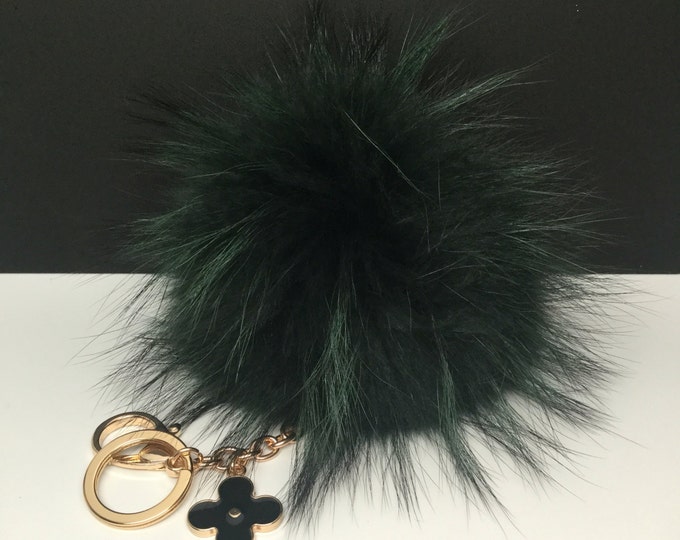 Very dark Green Raccoon Fur Pom Pom bag charm clover flower charm Keychain fur puff ball totem