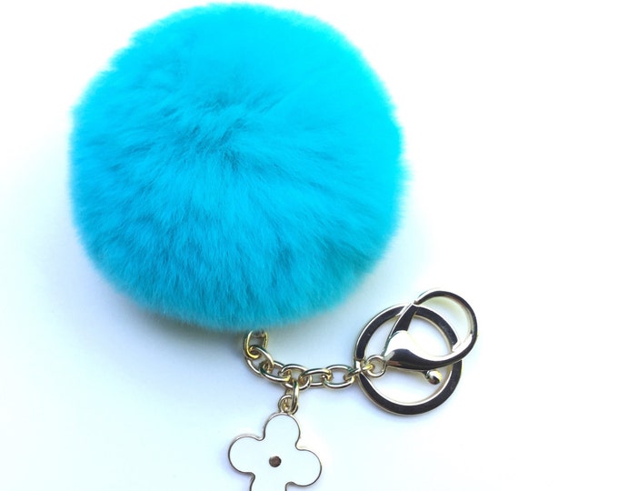 Aqua fur pom pom keychain REX Rabbit fur pom pom ball with flower bag charm
