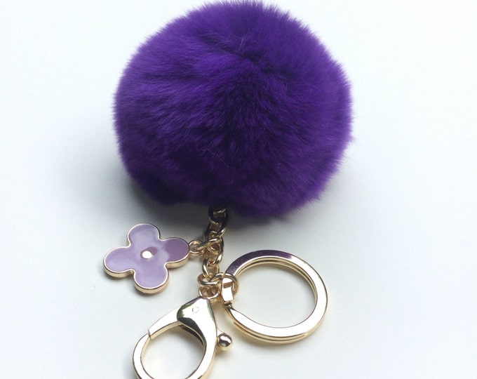 Deep Purple fur pom pom keychain REX Rabbit fur pom pom ball with flower bag charm