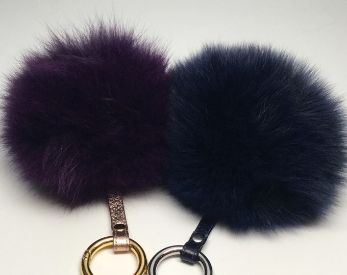 Navy Fox Fur Pom Pom luxury bag pendant with leather strap metal buckle key ring chain bag charm
