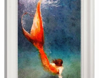 Mermaid ,art print ,Watercolor Painting ,Wall Art christmas gift ,Home Decor , gift for her ,Pic No 2