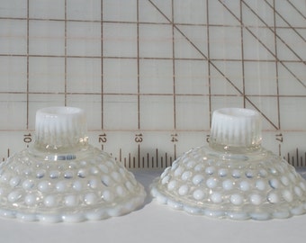 Anchor Hocking Moonstone Opalescent Hobnail Pair of Candle Holders