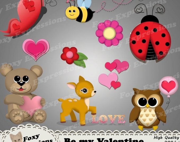 Be My Valentine Clip Art pack comes with adorable animals - deer, bear, and owl showing their love for v-day, love bugs, hearts & flowers.