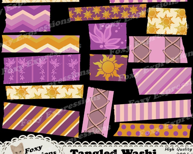 Tangled Digital Washi Tape pack inspired by Disney comes in dress patterns, lantern patterns, and the kingdoms suns. In pink,purple & yellow
