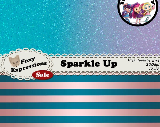 Sparkle Up inspired by Little Charmers in pink, purple, green, and blue. Designs include sparkles, glitter, stripes, bows, stars, & notes