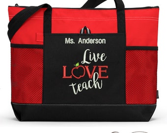 Teacher Appreciation Gift, Live Love Teach Embroidered Zippered Tote Bag With Mesh Pockets, Beach Bag, Boating