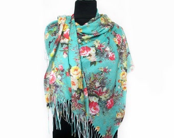 Boho Scarf, Turquoise Floral Pashmina Scarf, Wrap Shawl, Grandma Gift, Boho Wrap Skirt, Fashion Scarves, Large Shawl, Mother Day Gift