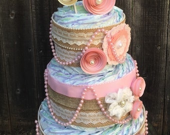 Shabby Pink Diaper Cake-Chic Burlap Diaper Cake-Elegant Diaper Cake-Vintage Diaper Cake-Chic Diaper Cake-Baby Girl Diaper Cake