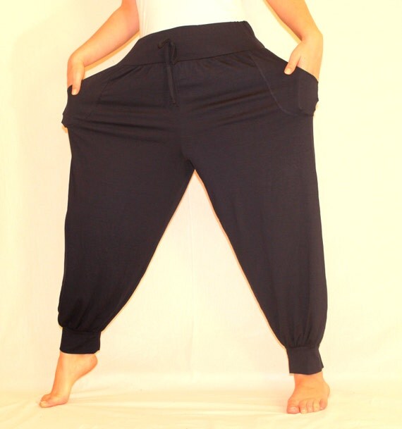 Baggy Pants Navy Blue Womens Harem Pants Soft Cotton by GOOLASHOP