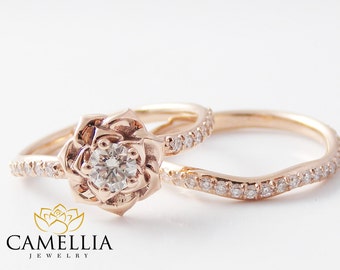 14K Rose Gold Diamond Engagement Ring Set Rose Gold Flower Ring Flower Engagement Ring
