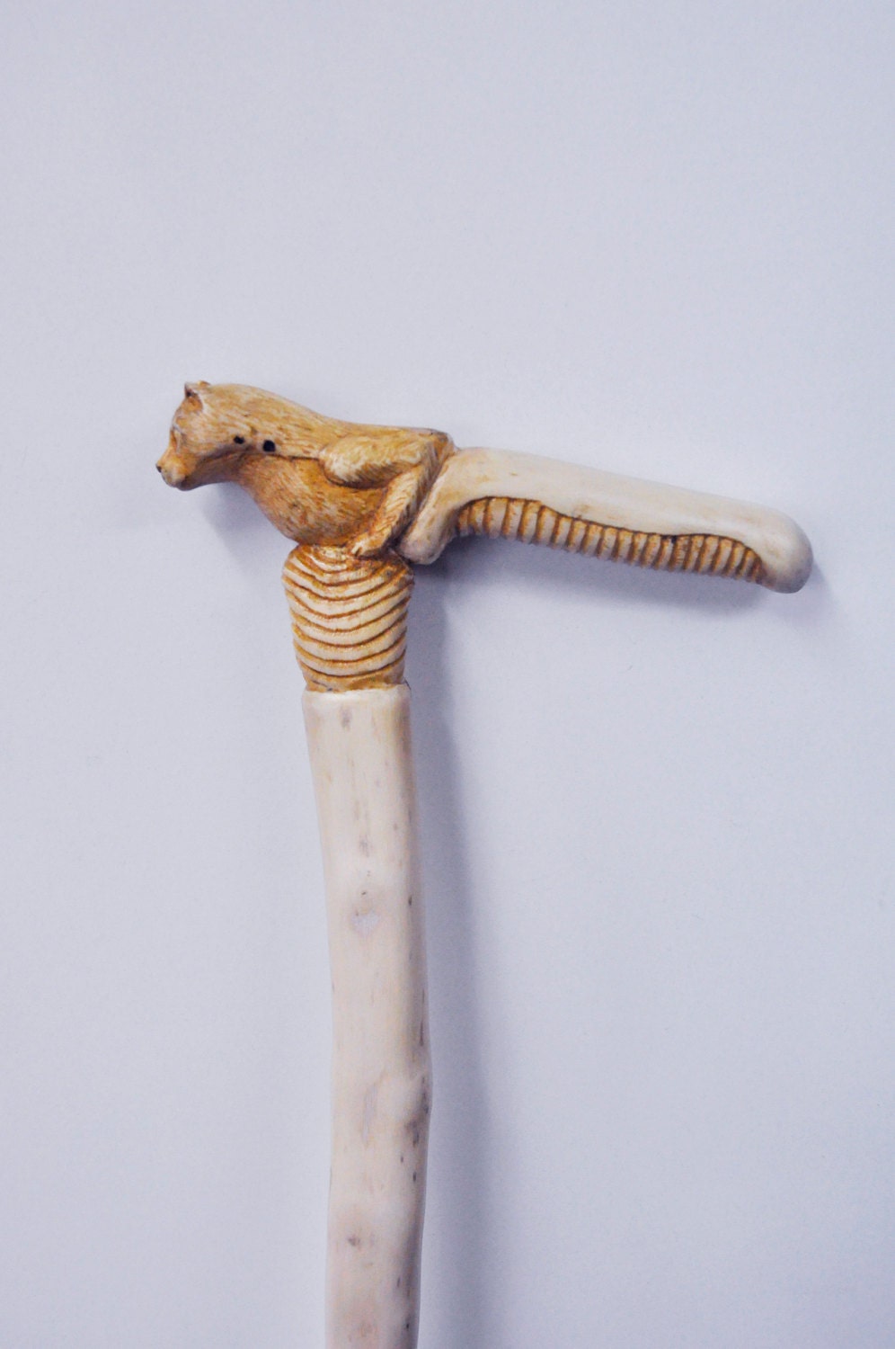 Hand carved wooden cane by cornel tree with cat grip. One of a