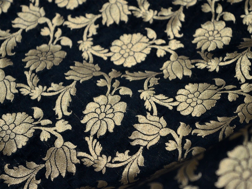 Silk Brocade Fabric Remnant in Black and Gold Gold Banaras
