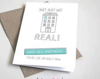 Shit just got real happy new apartment CARD / Moving / House Warming / Teal and Grey / 5x7 Folded Card – Printable DIY, Instant Download