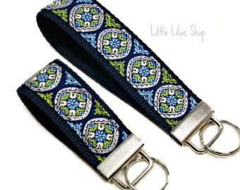 Key Fob Wristlet, Fabric Key Fob, Fabric Keychain, Metallic Key Fob, Key Holder, Key Chain Wristlet, Fabric Key Holder, Navy Blue, Keychain