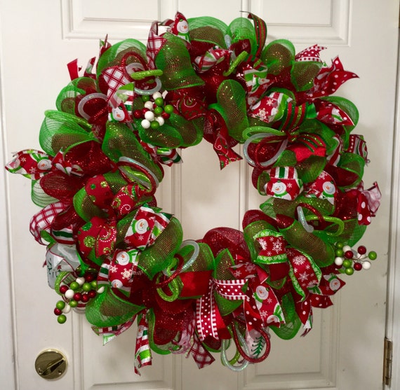 Items similar to Whimsical Snowman Deco Mesh Wreath Red Green & White ...