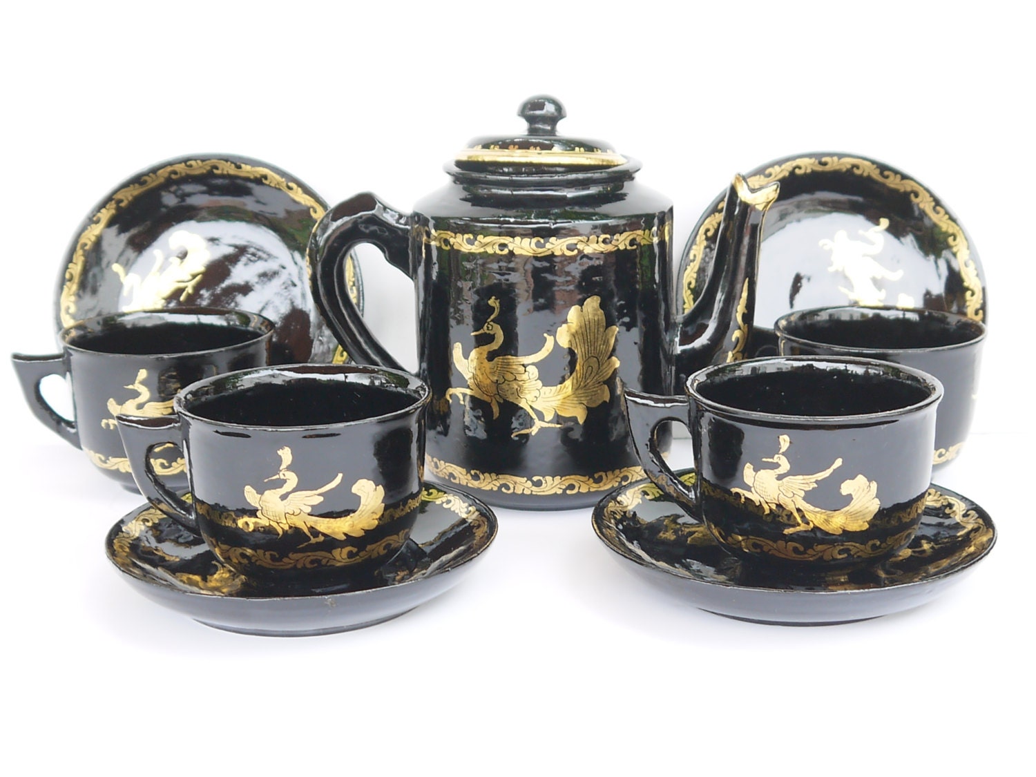Oriental Black Lacquer Heavy Gold Firebird Peacock Tea Set