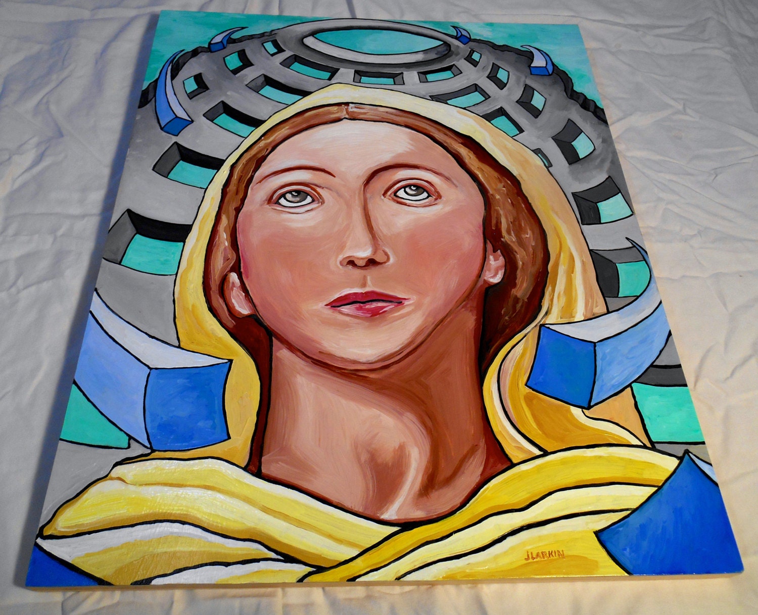 Original Virgin Mary Oil Painting On Wood Surrealism Modern