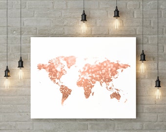 Rose gold world map print Pink and gold map art Travel decor Gold home decor Gold map printable Glitter map Digital 30x40 24x36 16x20 8x10