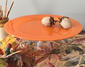 Orange glass cake stand. Fall home decor. Halloween dessert stand. Halloween decor