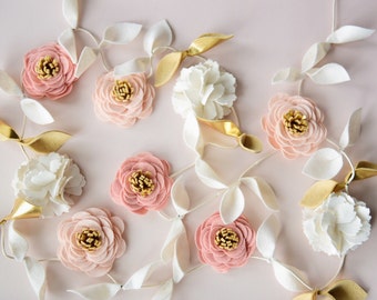 Felt Flower Garland in Blush, light salmon, Ivory and Gold || Pick your own colors!