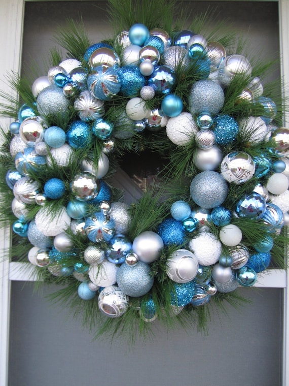 Items similar to XL Handmade Blue/Silver Ornament Wreath Hanukkah ...