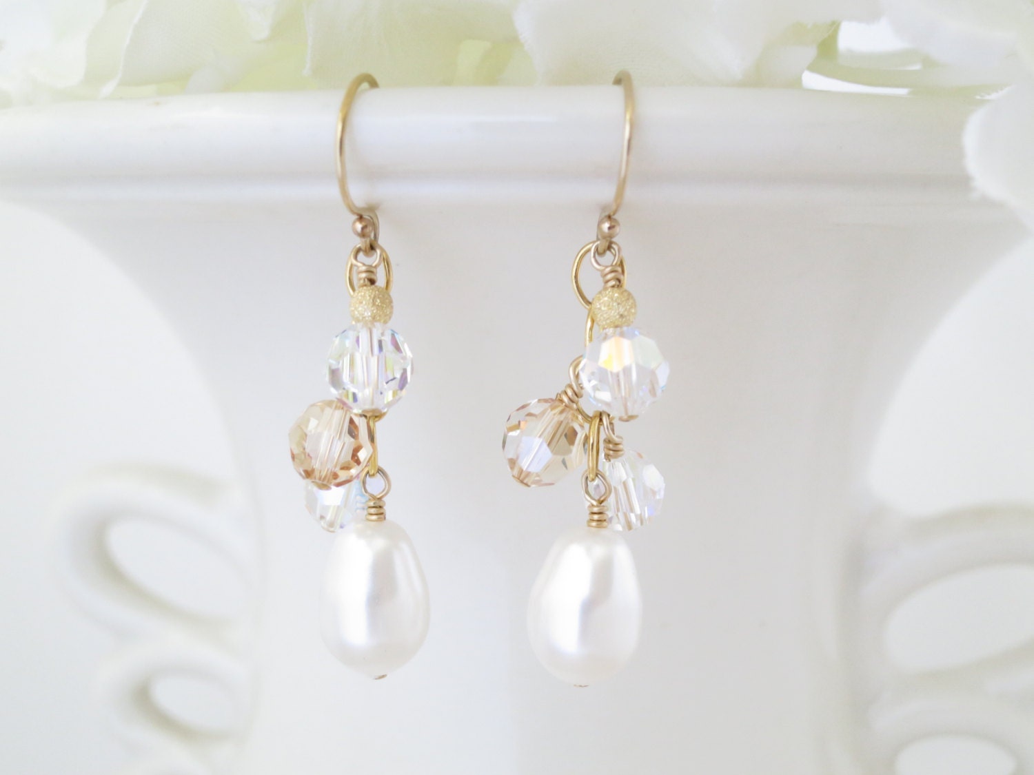 Gold cluster earring, Swarovski crystal and pearl cluster earring