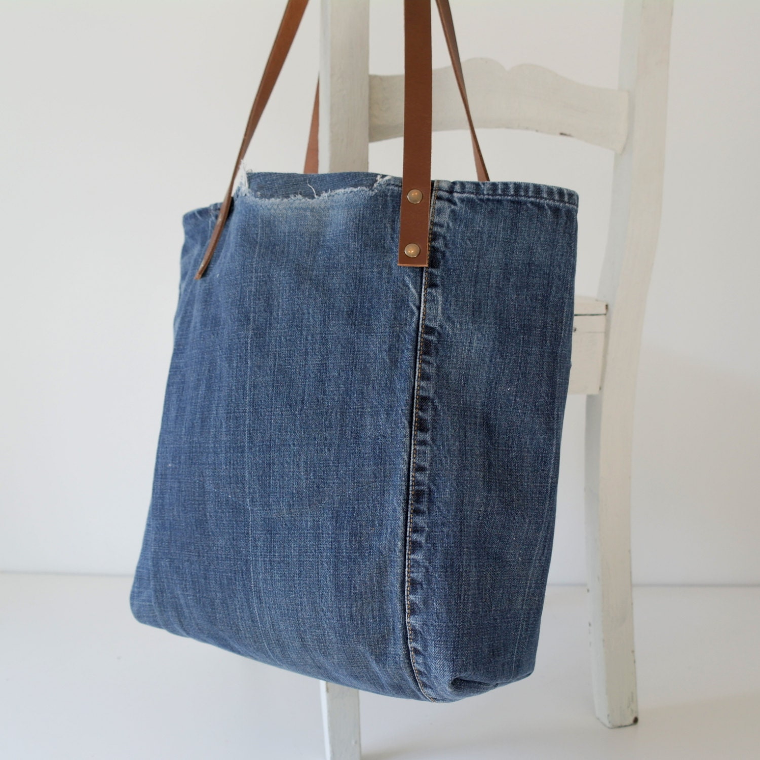 denim canvas tote bag lots of pockets with leather by Lowieke