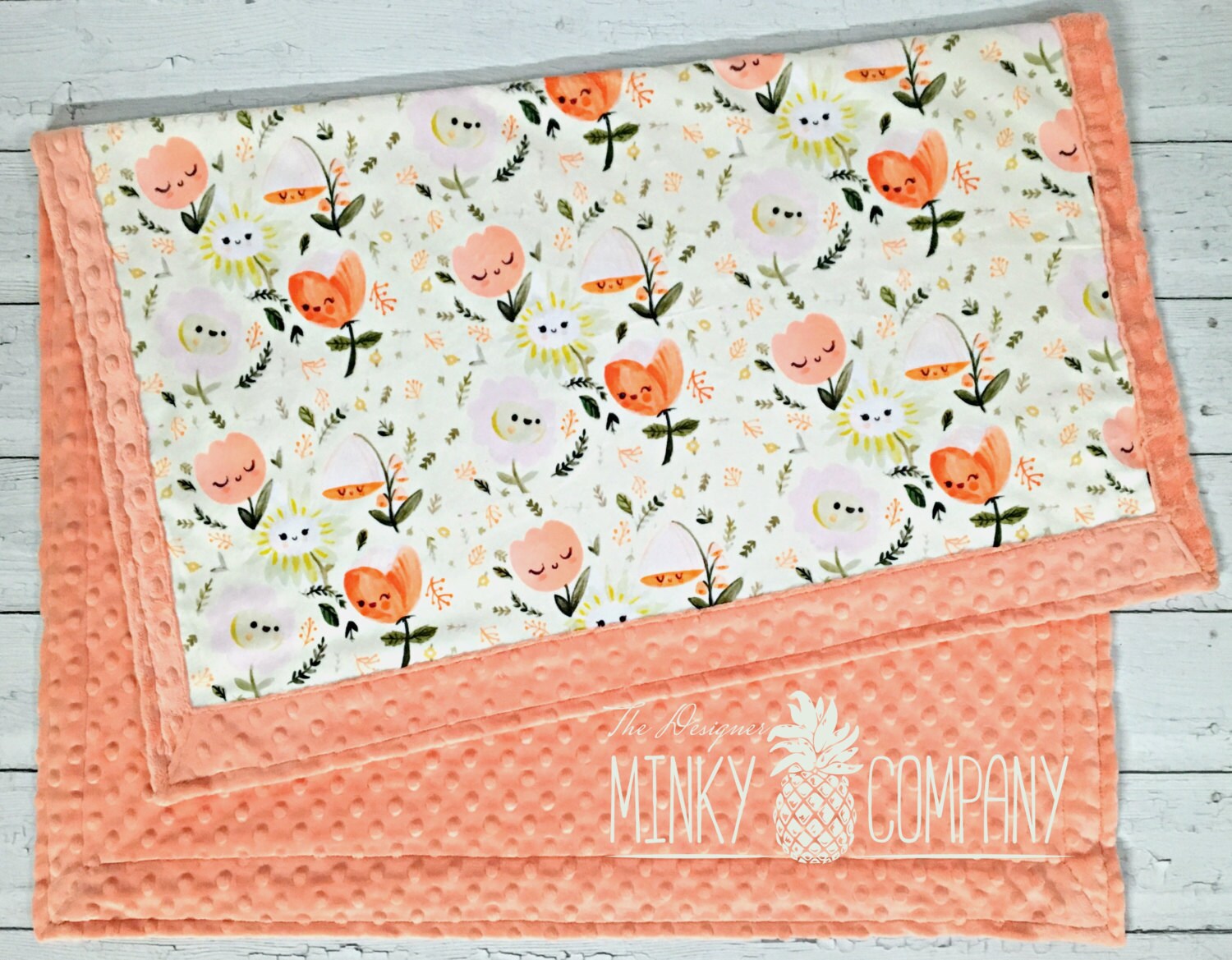 Baby Blanket Happy Flowers Designer Minky Papaya