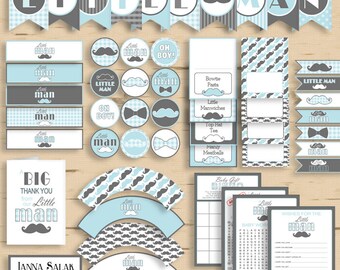Little Man Baby Shower PRINTABLE Party Package Blue and Grey Diy INSTANT DOWNLOAD Pdf LM001